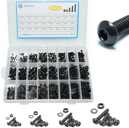 WZHUIDA 1080 Stück M2 M3 M4 M5 Schrauben Set, Schwarz Metrisch Linsenkopfschrauben Innensechskant Schrauben Muttern und Unterlegscheiben Sortiment Set, Gewindemaschinen Sechskantschrauben