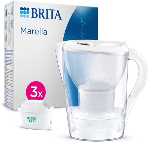 BRITA Wasserfilterkanne Marella weiß (2,4l) inkl. 3x MAXTRA PRO Pure Performance Kartusche – Kühlschrankgeeignete Filterkanne mit BRITA Memo, Klapp-Deckel, filtert Verunreinigungen