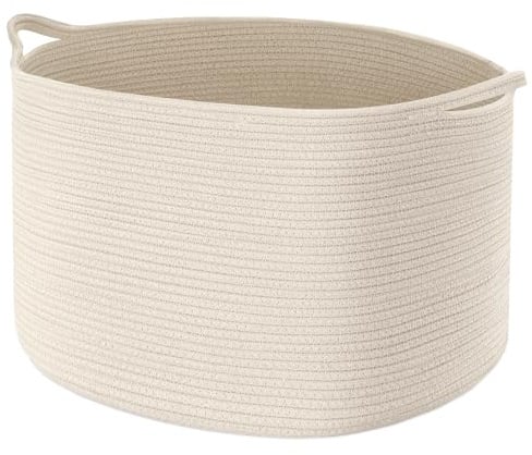 Maliton Aufbewahrungskorb 85L, Wäschekorb Geflochten aus Baumwollseil | Spielzeug Korb mit Griffen, Korb für Kuscheltiere, Wäsche, Ideal für Wohnzimmer, Schlafzimmer und Kinderzimmer, Weiß