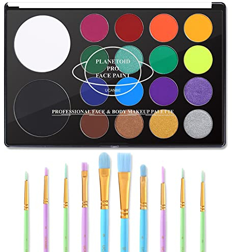 UCANBE Körperfarben 18 Farben mit 10 Pinseln - Wasser Aktiviert Gesichtsfarbe Sicher und Ungiftig - Body Painting für Theaterschminke, Karnevalsschminke, Halloween, Party Make up