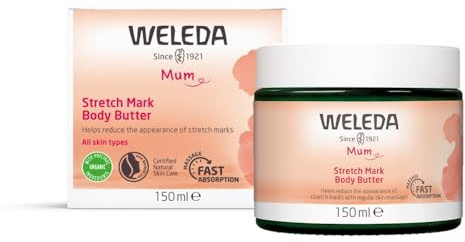 WELEDA Bio Mama Schwangerschaft Body Butter – Naturkosmetik Babybauch Massage Körperbutter zur Dehnungsstreifen Vorbeugung. Hautpflege Narbensalbe mit Sheabutter & Kakaobutter (vegan, 150ml)