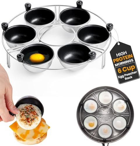 Eggssentials Pochiereinsatz aus Edelstahl, pochierter Eierkocher, Pochierbecher, PFOA-frei, antihaftbeschichtet, 22,9 cm Rack, 6 pochierte Tassen