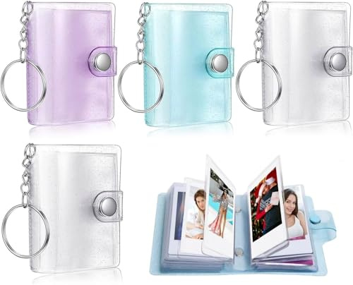 4 Stück Mini Fotoalbum, Foto-Schlüsselanhänger Kleines, 2 Zoll Fotoalben mit 18 Taschen Schlüsselanhänger & Kartenhalter in 4 Farben– Ideal für Erinnerungen & Geschenke