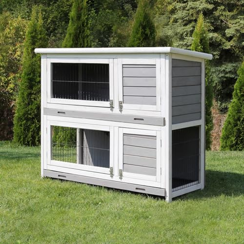 MyAnimal Hasenstall MH-20 | 120x51x105 cm - Kaninchenstall mit Freilaufgehege - Doppelstockhaus 2 Ebenen - Hasenkäfig - Holz imprägniert - Kaninchenkäfig Winterfest - Indoor Outdoor (Grau/Weiß)