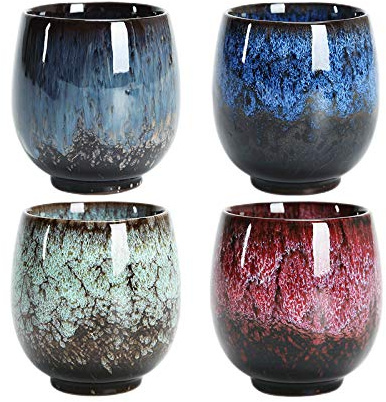 Japanische Teetasse, Set aus Teetassen aus Keramik, Set mit 4 Tassen, handgefertigt, mehrfarbig, emailliert, geflammt, für Zuhause, Büro, Geschenke
