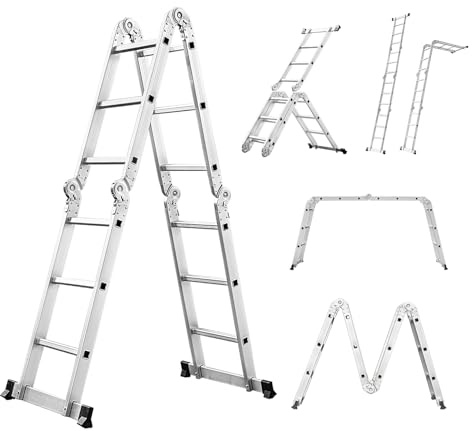 Miscoos 6-in-1 Mehrzweckleiter, 3.6M Klappbare Aluminium Leiter, 4 x 3 Gelenkleiter mit 12 Stufen, Anti-Rutsch, Stabil und Robust, bis 150 kg belastbar