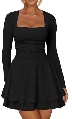 RPAEOY Kleid Damen Sexy Langarm Quadratischer Ausschnitt Minikleid Rüschen Eng Kurz Bodycon Elegant Cocktailkleid Abendkleider Partykleid