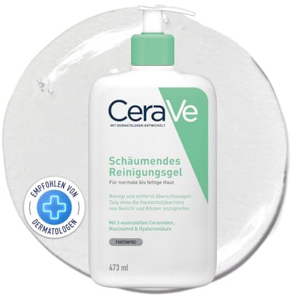 CeraVe Schäumendes Reinigungsgel, Sanftes Waschgel zum Entfernen von Verschmutzungen, Talg und Makeup, Feuchtigkeitsspendend, mit Niacinamid, Hyaluron und Ceramiden, 473 ml