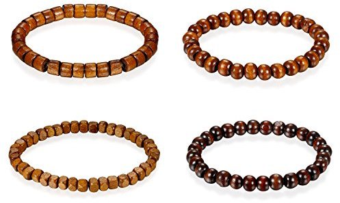 Flongo Armband Gebetskette Armkette, 4 Stück Holz Perle Perlen Kugel Gebetskette Armband Kette Hellbraun Surfer Wickeln für Damen Herren Accessoires Schmuckset