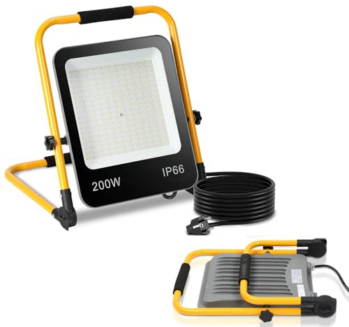 Cecaylie LED Baustrahler 200W 18000LM, LED Arbeitsleuchte mit Stecker, Wasserdichtes Arbeitsscheinwerfer Bauscheinwerfer, für Werkstatt oder Baustelle, Garage, 6000K Tageslichtweiß