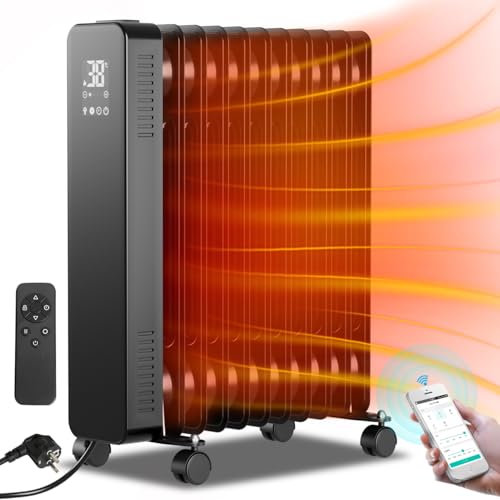 Fiqops Ölradiator 2500W, Ölradiator Energiesparend,mit 11 Rippen 3 Heizstufen,Thermostat,WiFi App & Fernbedienung,Digitalem Display,Elektrische Heizung Überhitzungsschutz,Ölheizung Schwarz