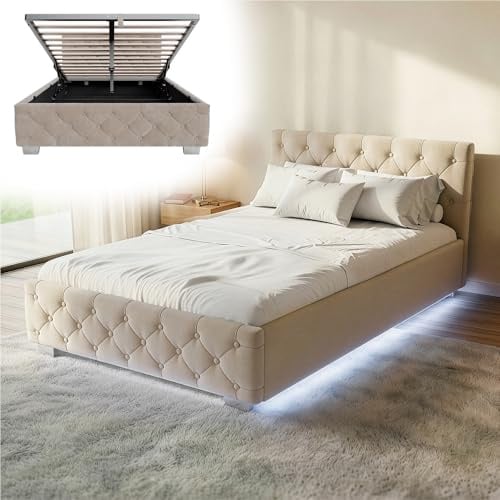 Juskys Polsterbett Nizza 120x200 cm Samt mit Stauraum, LED Beleuchtung & Lattenrost - Chesterfield Steppung & Kopfteil - Bett Bettgestell - Beige