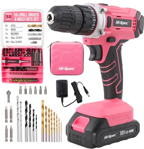 Hi-Spec Pinke Bohrmaschine, Akkuschrauber in Pink für Frauen, mit Bohrerbits für Metall, Holz und Mauerwerk. 18V Akkubohrer mit 58tlg Bitset für jede Bohrarbeit.