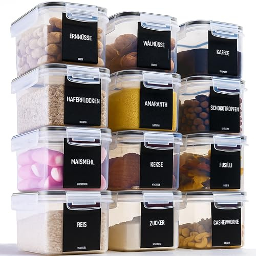 Deco haus Vorratsdosen mit Deckel Luftdicht [inkl. VORRATSETIKETTEN] - 12er Vorratsbehälter Set - Aufbewahrungsbox Küche Aufbewahrung & Organisation - Lebensmittelaufbewahrung für Zucker, Müsli, Mehl
