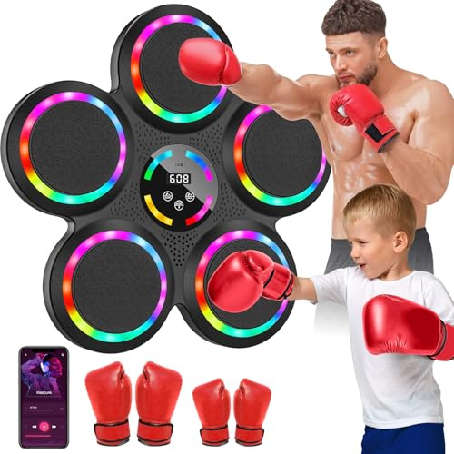 Music Boxing Machine, Elektronische Boxmaschine mit Musik, 2 Paar Boxhandschuhen, Farblichter, Bluetooth, 9 Geschwindigkeits und Trainingsmodi, Zählmodus, Musik Box Maschine für Erwachsene und Kinder