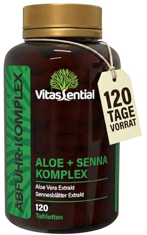 Vitassential Aloe + Senna Komplex - Natürliches Abführmittel schnell wirkend & stark - Stuhlweichmacher bei Verstopfung, Darmreinigung & Stoffwechsel für Erwachsene - 120 Tabletten