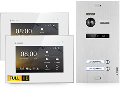 Balter EVO-HD Video Türsprechanlage, Video Türklingel mit Kamera, 2 Familienhaus Klingel, 2X 7 Zoll HD Monitor, Full HD-Kamera, 2 Draht Bus, Gegensprechanlage mit 175° Weitwinkel