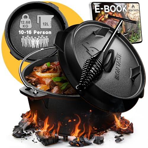 IRON TASTE Dutch Oven Set 12L - Eingebrannter Dutch Oven 12 Liter - Feuertopf Gusseiserner Topf mit Füßen & mit praktischem Deckelheber [für 10-16 Personen]