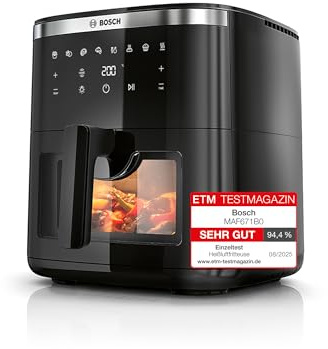 Bosch Heißluftfritteuse Serie 6, XXL 7,2 L Fassungsvermögen, 7 voreingestellte Programme, beleuchtetes Sichtfenster, bis zu 65% schnelleres Kochen, AirFryer in Schwarz, MAF671B0