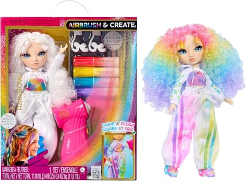 Rainbow High Air Brush & Create - 1 DIY Modepuppe mit Airbrush Market Kit, Abwaschbaren Regenbogen-Filzstiften Langen Haaren, Grauen Augen, Kreatives Spiel für Kinder von 4 bis 12+