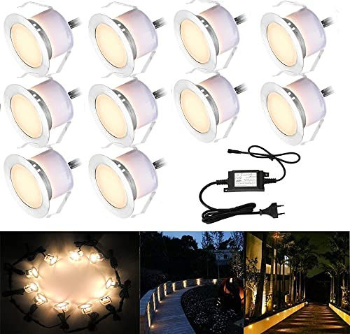 SUBOSI 10er Set LED Bodeneinbaustrahler Außen IP67 Wasserdicht 12V 1W Edelstahl, Warmweiß 2800-3200K Terrassenbeleuchtung Bodenleuchten für Garten Terrasse Treppen Auffahrt [Inkl. Netzteil]