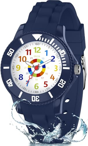 Ayybboo Kinderuhr Jungen Mädchen,Lernuhr Armbanduhr Kinder Analog mit 3ATM Wasserdicht,Weiches Band,Leicht Ablesbar 4-13 Jahre