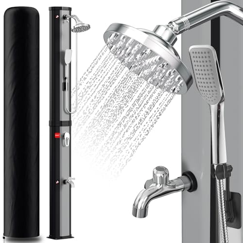 Joparri Solardusche mit Handbrause 60 Liter inkl. Schutzhaube und 360° Duschkopf, Einstellbare Temperatur bis 60°C, 50 PSI Wasserdruck Außenduschen, für Garten Camping Pooldusche, Silber