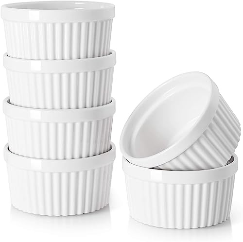 DOWAN Creme Brulee Schälchen, Souffle Förmchen Backofenfest, 6er, 235 ml | Keramik Ramekins, ofenfeste Förmchen für Ragout Fin, Muffins und Panna Cotta, spülmaschinenfest, stapelbar, Weiß