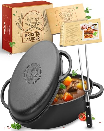 KRUSTENZAUBER 35 cm Gusseisen Bräter mit Deckel für Braten & Schmorgerichte | Gusseisen Schmortopf für Gulasch, Rouladen & Familienbraten, für Ofen & Induktion, lange Wärmespeicherung, inkl. Fleischgabel