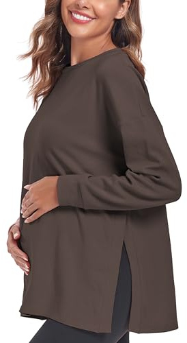 Love2Mi Damen Langarm Schwangerschaftsshirt Umstandsshirt Oversize-Schnitt | Weicher, Hautfreundlich Stoff, Seitenschlitzen, für Alltag/Büro/Freizeit, Für Schwangerschaft und danach