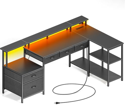 Rolanstar Schreibtisch L Form mit Schubladen, reversibler Gaming Tisch mit Steckdose, LED & Monitorständer 163 cm Computertisch für Büro Arbeitszimmer Schlafzimmer
