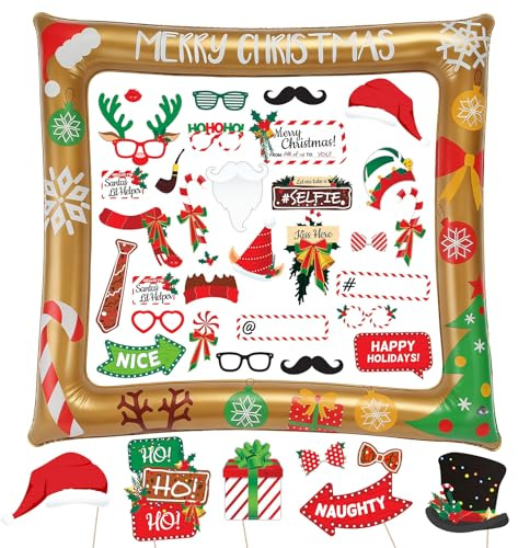 DTYGUIXE 38 Stück Weihnachten Aufblasbare Fotorahmen Gold Foto Requisiten Set Fotobox Accessoires für Weihnachtsfeier Silvester Party Foto Rahmen Lustig Photo Booth Props Fotorequisiten für Feier