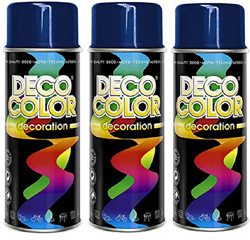 DECO COLOR 3er Sparpack DC Lackspray glänzend 400ml nach RAL freie Farbauswahl (3 Dosen in saphir blau glanz RAL 5003)
