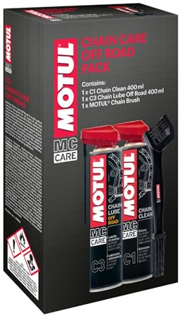 Motul Wartungsset für Motorradketten – Kettenreiniger MC Care Chain Clean C1, 400 ml + Ketten-Sprühfett für Offroad- und Gelände-Motorräder MC Care Chain Lube Off Road C3, 400 ml + Weiche Bürste