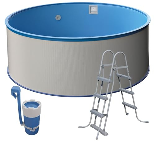 mediPOOL Schwimmbecken-Set Ø 3,50 x 1,20 m, Rundform, weiße Stahlwand, Blaue Innenhülle, Made in Europe, mit Kartuschenfilteranlage und Sicherheitsleiter