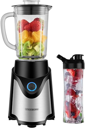 Steinborg® Standmixer mit To-Go Becher Mixer Smoothie Maker 500 Watt 600 ml Glaskrug + 570 ml To-Go Trinkflasche auslaufsicherer Schraubdeckel BPA-Frei Blender Zerkleinerer 6-Fach Edelstahl Messer