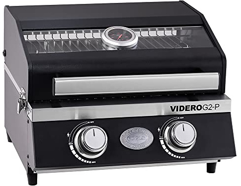 RÖSLE Gasgrill BBQ-Portable VIDERO G2-P, tragbarer Tischgrill mit 2 Edelstahlbrennern, Warmhalterost und Deckel mit Glaseinsatz sowie Deckelthermometer, pulverbeschichteter Stahl, 50 mbar, schwarz