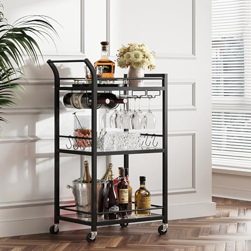 TUTOTAK Barwagen Home Bar Servierwagen mit Mikrowelle und Getränkehalter 3-Ebenen-Spiegelregal Wein- und Glashalter Rollendes Küchenregal Schwarz BC01BK034