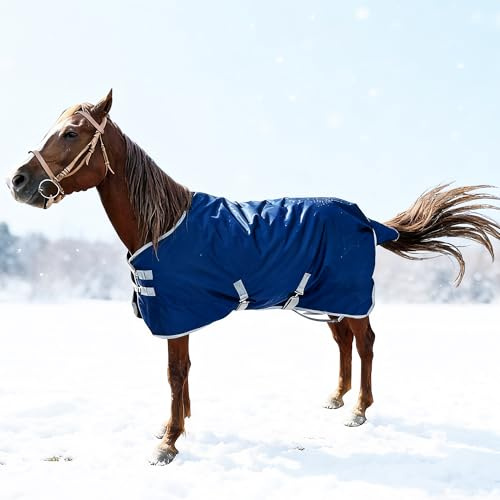 1200D Pferdedecke, Winter, wasserdicht, 400 g, warme Baumwollfüllung, 1200D Premium-Pferdedecke, mittelschwer, wasserdichte Decke, 145 cm, Dunkelblau