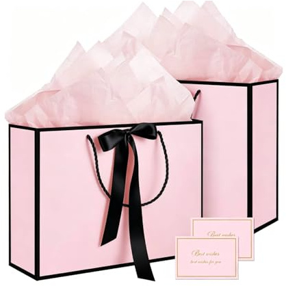 MtnLaur Geschenktüten 2 Stück, Geschenktüten mit Griffen Schleifenband, Mittlere Papier-Geschenktüte Set mit Seidenpapier+Grußkarte, für Mädchen Frauen Geburtstag Hochzeit Baby shower (Rosa)