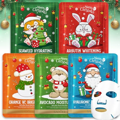 5 Stück Gesichtsmasken Set, Hyaluronsäure, Vitamin C, Arbutin, Algenextrakt, Hydratisieren Gesichtsmasken, Aufhellen, Beruhigen Tuchmasken, Weihnachtsgeschenke für Frauen/Teenager Mädchen