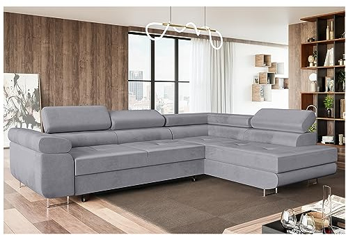 MEBLINI Schlafcouch mit Bettkasten - Ecksofa mit Schlaffunktion - Sofa mit Relaxfunktion und Kopfstützen - Couch L-Form - Eckcouch - Wohnlandschaft - MALIBA - 277x203x63cm Rechts - Grau Samt