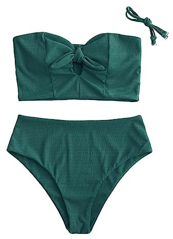 ZAFUL Women Keyhole Bandeau Tankini with Removable Straps, High Waisted Padded Bathing Suit Two Pieces Swimsuit - Deep Green L