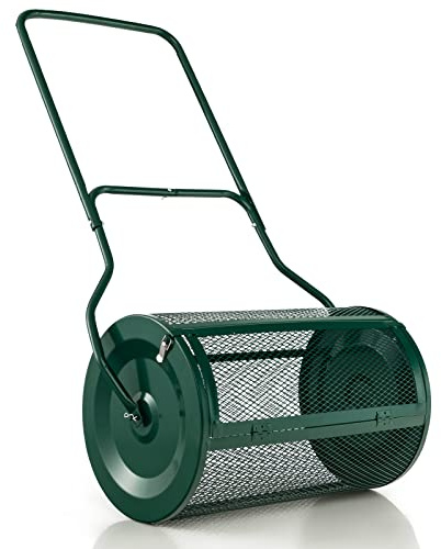 COSTWAY Kompoststreuer 80 L, Torfmoosstreuer mit U-Griff & & Mesh-Korb, Ø40x68cm, Düngerstreuer Rasen Garten, Gartenstreuer für Dünger & Setzlinge, Komposter Metall, Handstreuer Kompostwalze (Grün)
