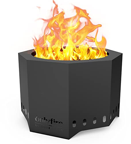 onlyfire Rauchfreie Feuerschale mit Abnehmbarer Aschekasten, ⌀60 cm Feuerstelle Outdoor für den Garten Terrasse Camping, Mobile Feuerkorb, Achteckig, Schwarz