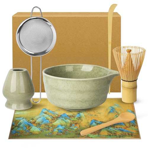 Matcha Set - Matcha Tea Set 7 Piece Matcha Besen Set, Matcha Zubehör - Matcha Set für Einsteiger - Stylisches Matchas Set Matcha-Besen,Matcha Filtersieb,Matcha-Schale, Chasen, Tuch und Matcha Löffel