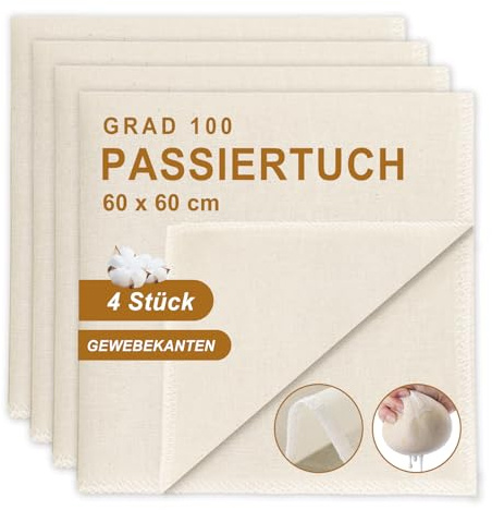 Quelcc 4 Stück Passiertuch, 60 x 60cm käsetuch und Knödeltuch,klassische feingewebte Tücher, für die Herstellung von Käse, Saft, Tee, Nussmilch, Suppe, Joghurt, Tofu
