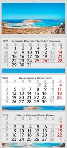 XXL 3 Monatskalender 2026 Balos Beach mit 3/4 Monate Motiv Kalender Foto Strand Wandkalender ohne Werbung Fotokalender Bürokalender Motivkalender Mehrblockkalender (Balos, 3 Monatskalender P)