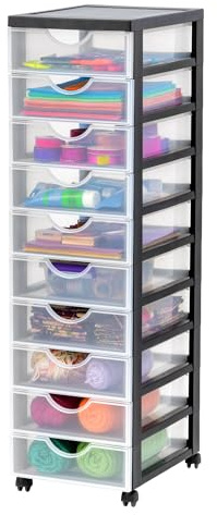 Iris Ohyama Kunststoff-Schubladenbox mit Rollen, 10 flachen Schubladen, Schwarz, Griffe zum Ziehen, Für Schlafzimmer, Schule & Büro, BPA-frei, Schubladenschrank, Rollcontainer, A4 Drawer, DDDC-010