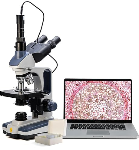 Swift SW350T Trinokular mikroskop, 40- bis 2500-fache Vergrößerung, zweistufiger Objekttisch, mit 5,0-MP-Kamera und Windows/Mac-kompatibler Software sowie 5 präparierten und 5 leeren Objektträgern